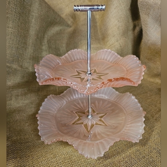 Bagley Glass Other - Vintage 2-tiered frosted pink glass cake plate Bagley Glass England